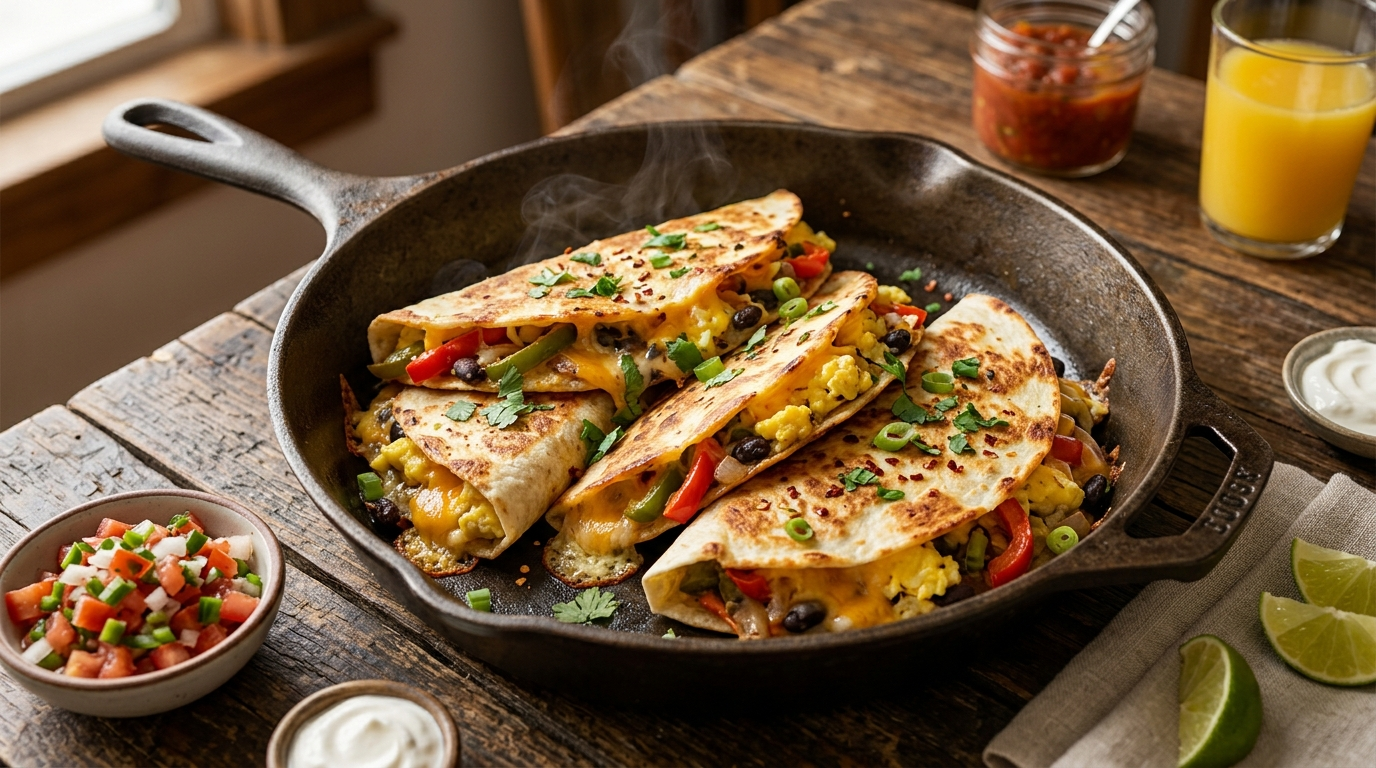 Golden crispy breakfast quesadilla cut into wedges with scrambled eggs and