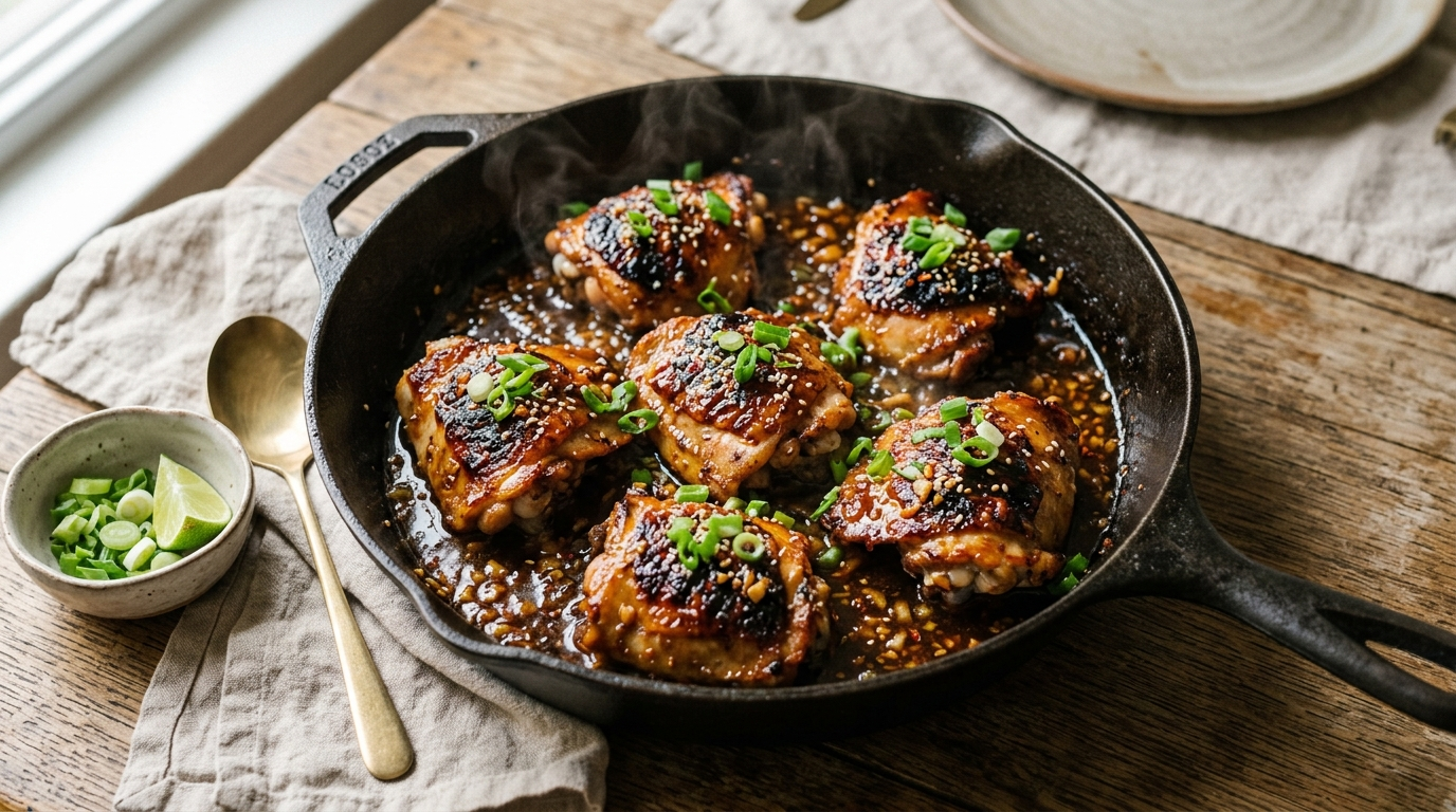Honey garlic chicken thighs in a black skillet with glossy sticky glaze,