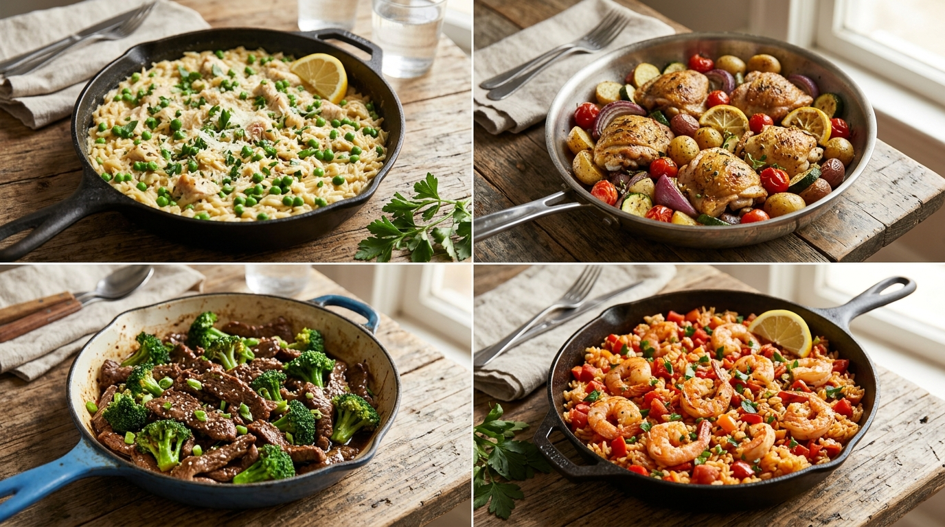 Overhead collage showing four different one-pan dinners: creamy orzo in a skillet, chicken and rice, pasta, and a sheet pan meal