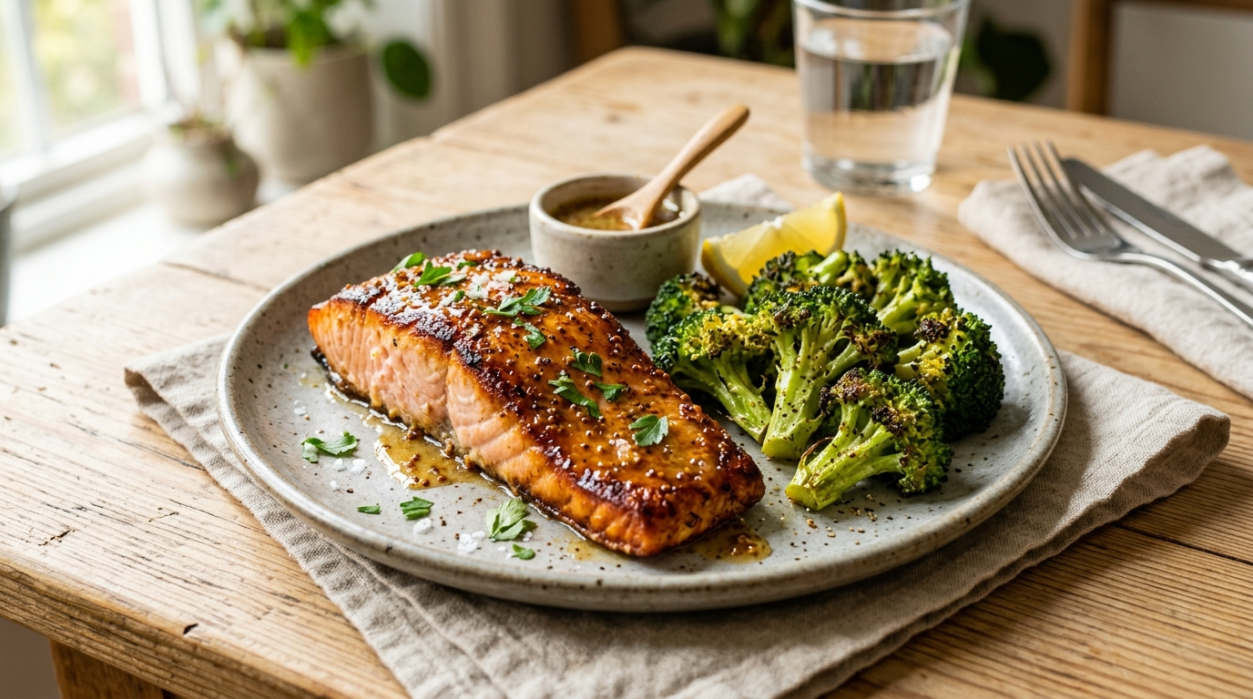 Golden honey mustard salmon fillet with crispy edges and charred broccoli