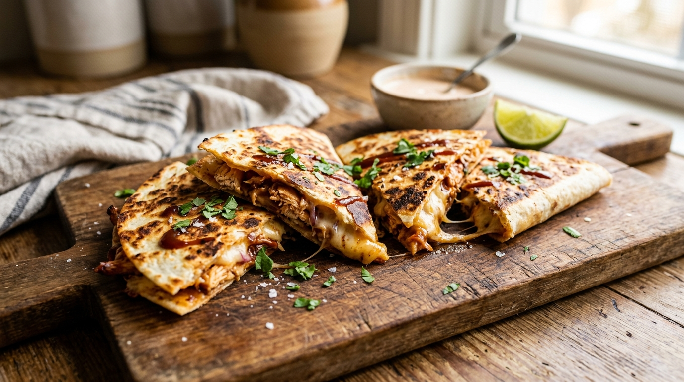 Crispy BBQ chicken quesadillas cut into wedges on a cutting board, golden brown tortillas with melted cheese and BBQ chicken filling