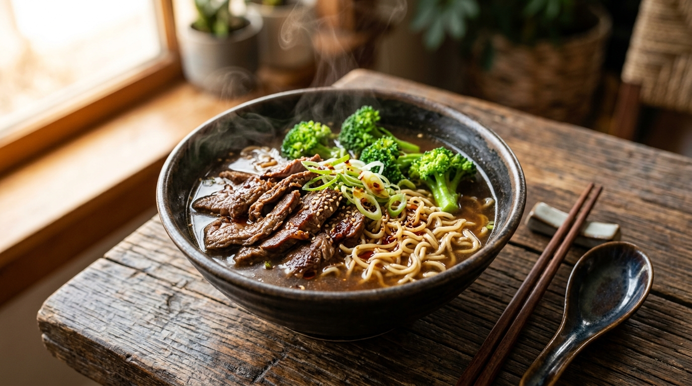 15 Minute Beef Broccoli Cheat Ramen the Ultimate Sanity Saving Dinner in a skillet on a rustic wooden table, natural daylight