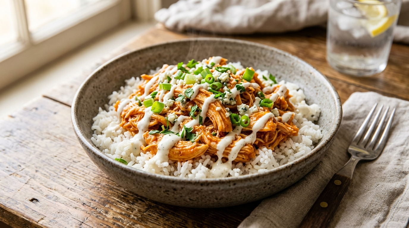 Buffalo chicken rice bowl with spicy buffalo chicken over rice topped with ranch and green onions