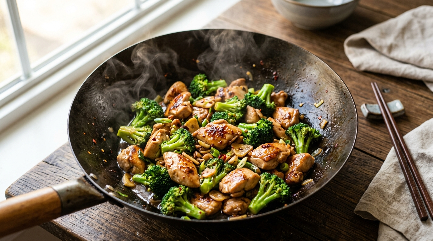 Chicken and broccoli stir-fry with tender chicken and crisp broccoli in a savory garlic sauce in a wok, steam rising