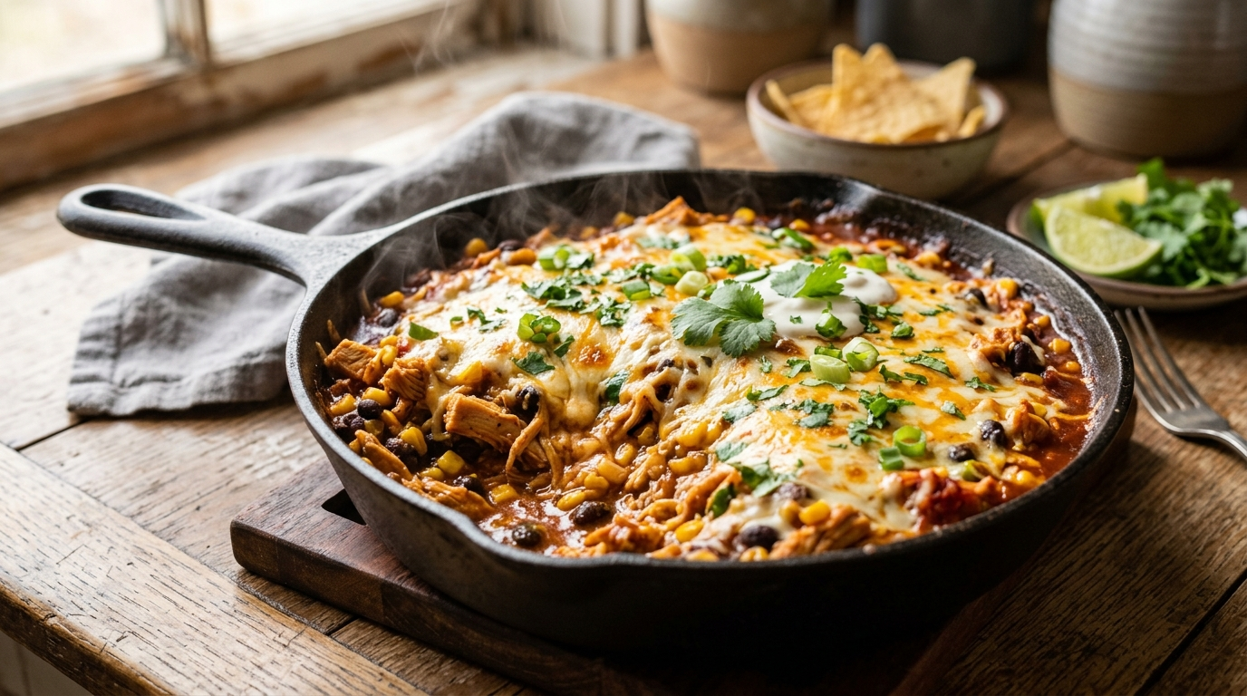 Chicken enchilada skillet with spiced chicken, beans, cheese, and enchilada sauce in a cast iron pan, steam rising