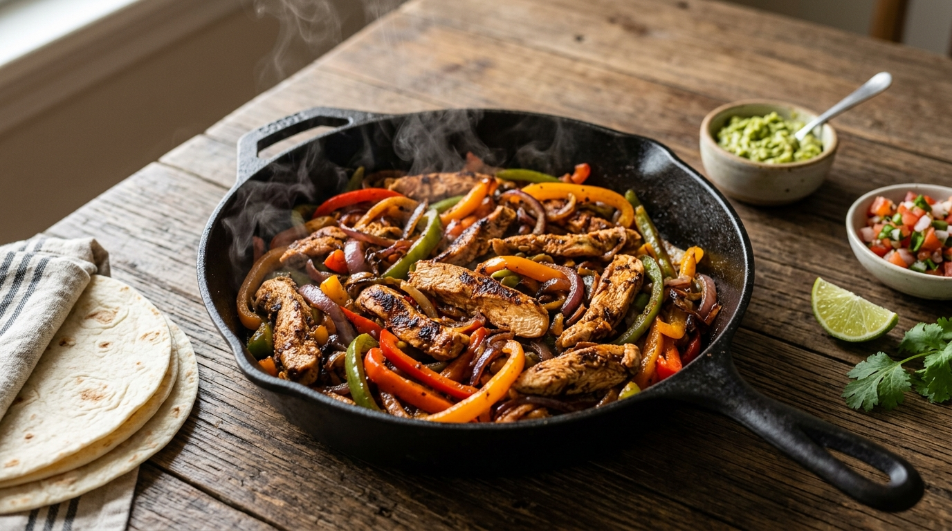 Chicken fajita skillet with sliced chicken, bell peppers, and onions in a cast iron pan, steam rising, warm natural light
