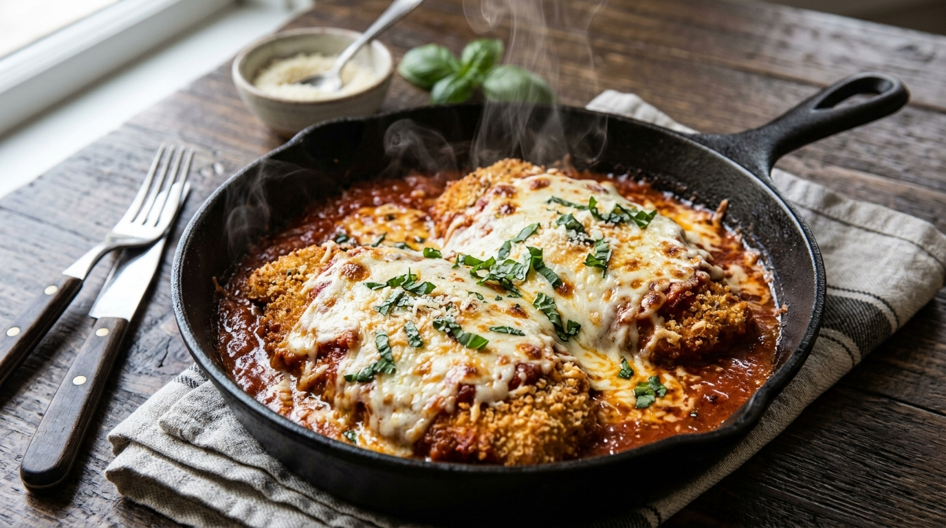 Chicken parmesan skillet with golden chicken, marinara sauce, and melted mozzarella in a cast iron pan