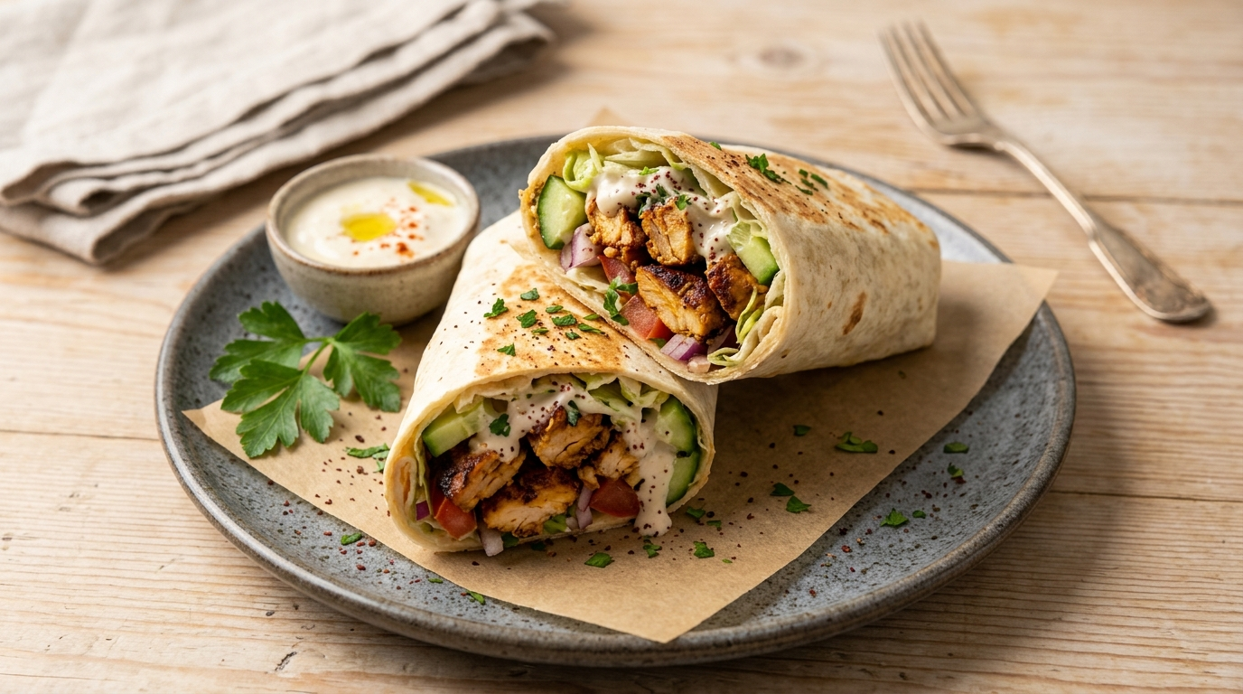 Chicken shawarma wrap with spiced chicken, fresh vegetables, and sauce in a warm tortilla, warm natural light