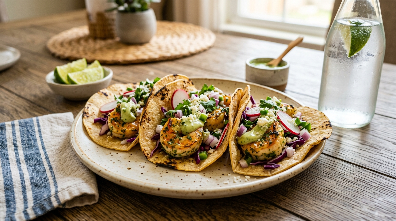 Cilantro lime shrimp tacos with bright shrimp in warm tortillas with fresh toppings