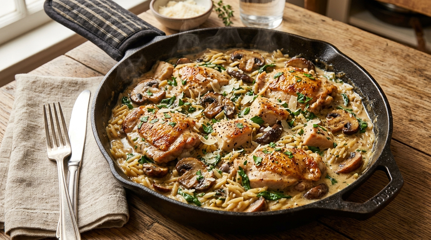 Overhead shot of creamy mushroom chicken and orzo in a white cast iron skillet,