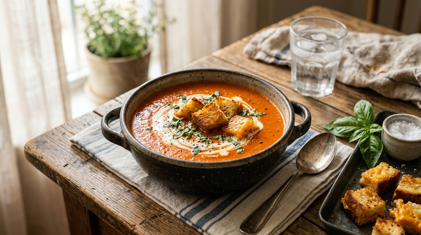 15 Minute Creamy Tomato Soup with Grilled Cheese Croutons the Hug in a Bowl Dinner for Moms Who Are in a skillet on a rustic wooden table, natural daylight