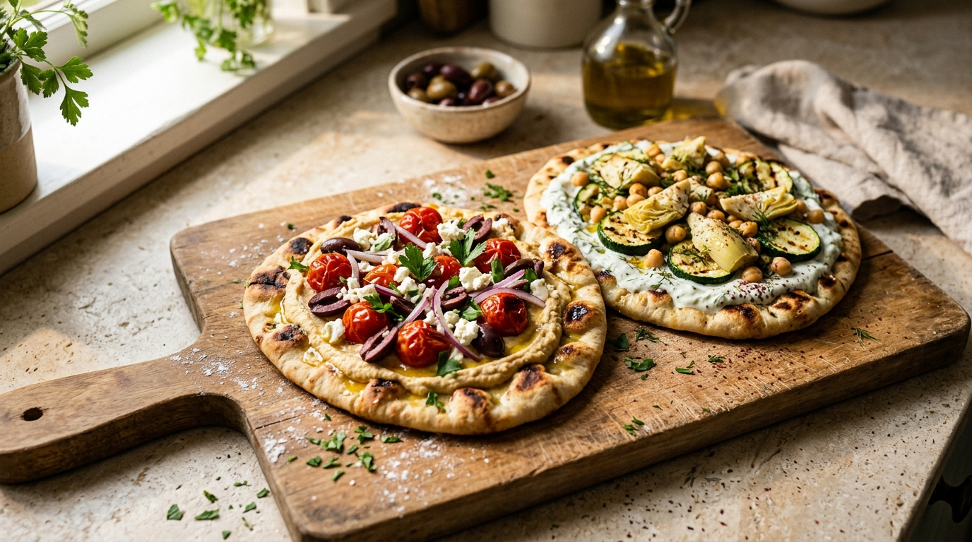 15 Minute Emergency Mediterranean Flatbreads Solving the 5 Pm Decision Fatigue in a skillet on a rustic wooden table, natural daylight