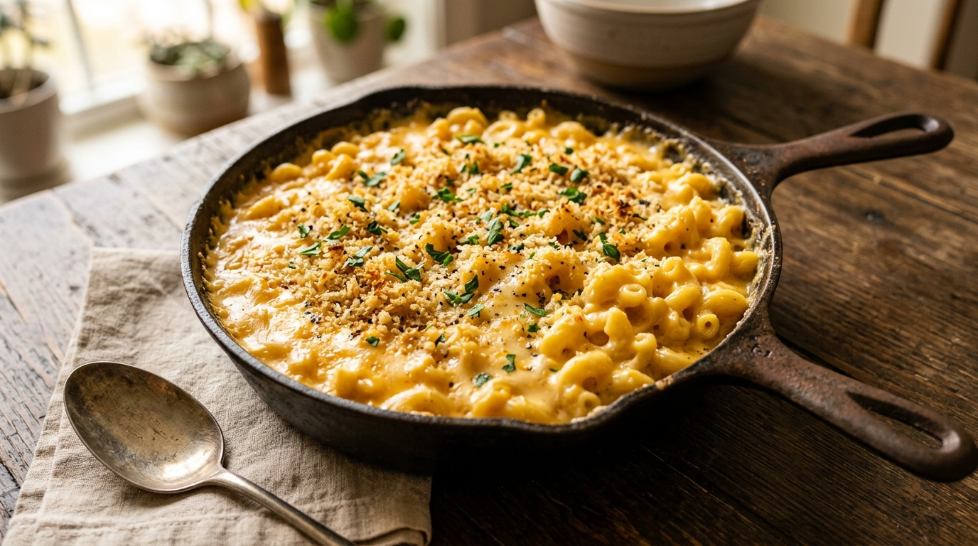 15 Minute Emergency One Pot Mac Cheese Better Than the Box in a skillet on a rustic wooden table, natural daylight