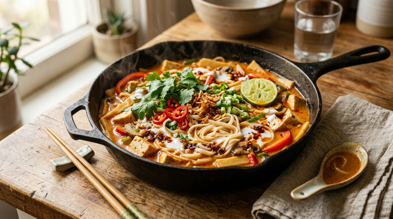15 Minute Emergency Red Curry Noodle Soup the Cravings Lifeline in a skillet on a rustic wooden table, natural daylight