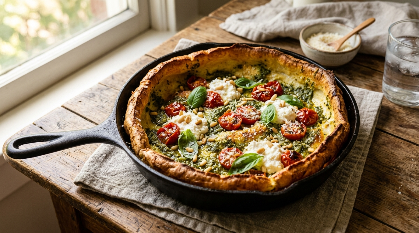 15 Minute Emergency Savory Pesto Dutch Baby the One Pan Sanctuary in a skillet on a rustic wooden table, natural daylight