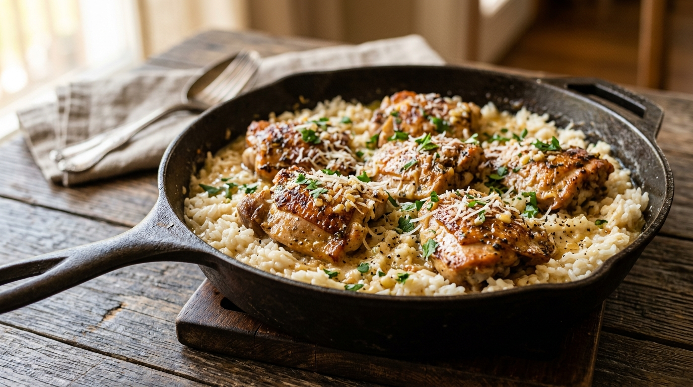 Overhead shot of creamy garlic parmesan chicken and rice in a white enamel
