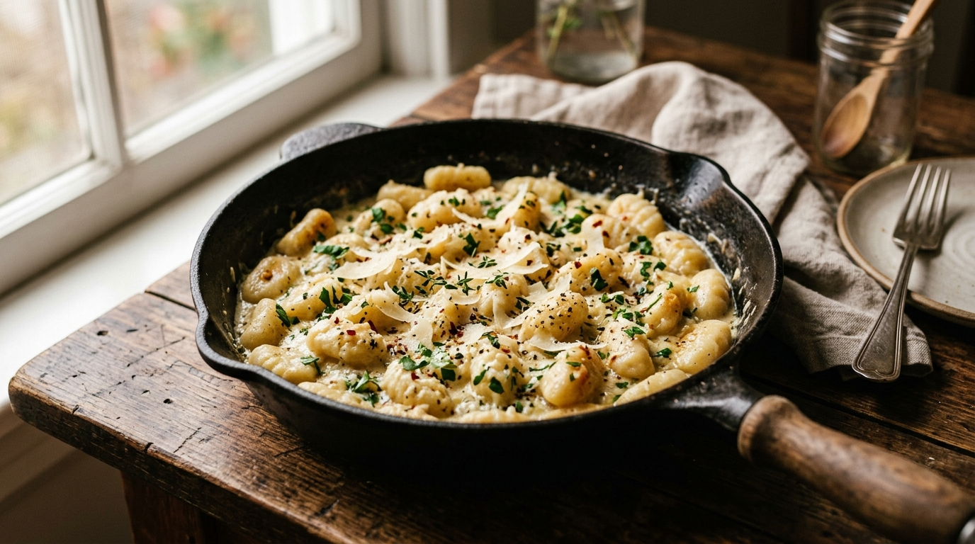 15 Minute Garlic Parmesan Gnocchi the Zero Boil Pantry Hero in a skillet on a rustic wooden table, natural daylight