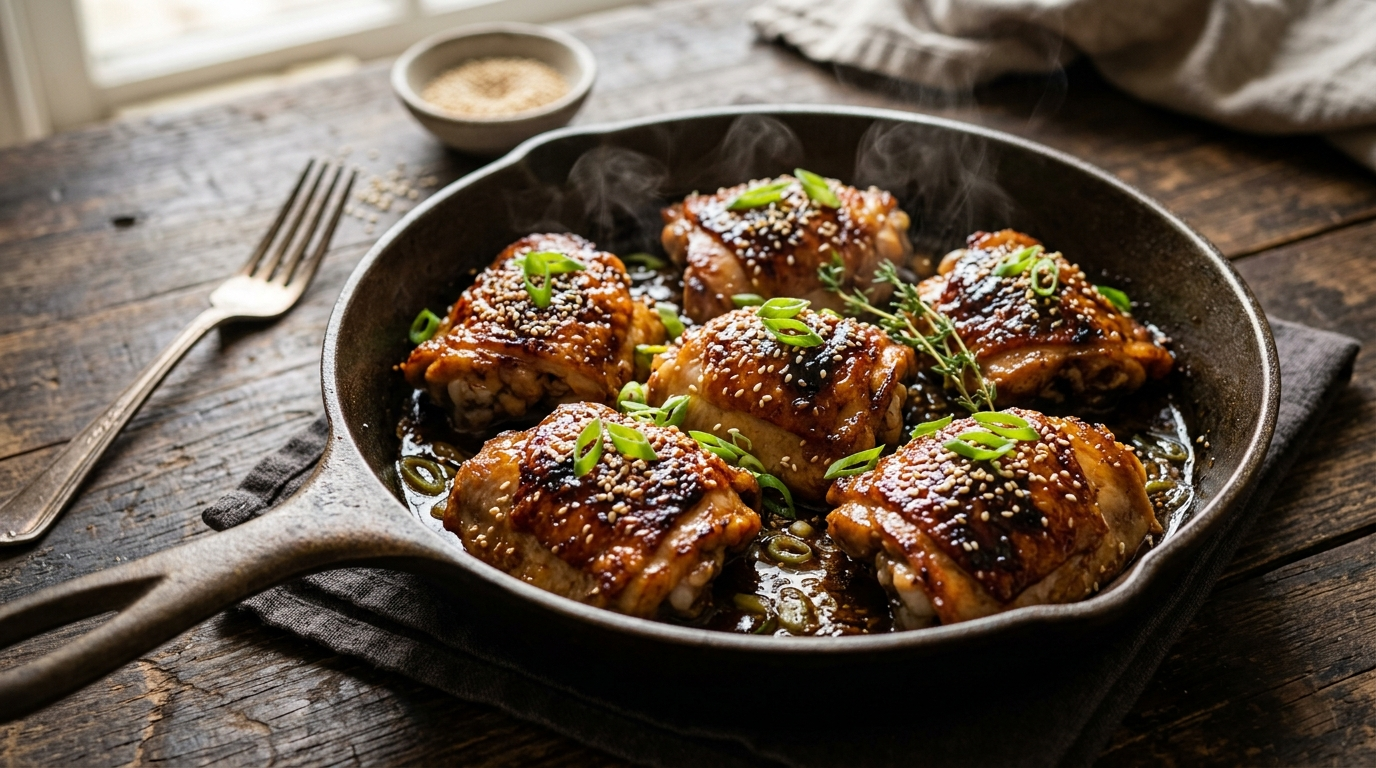 Crispy honey garlic chicken thighs in a glossy honey garlic sauce in a cast iron skillet, golden brown and sticky