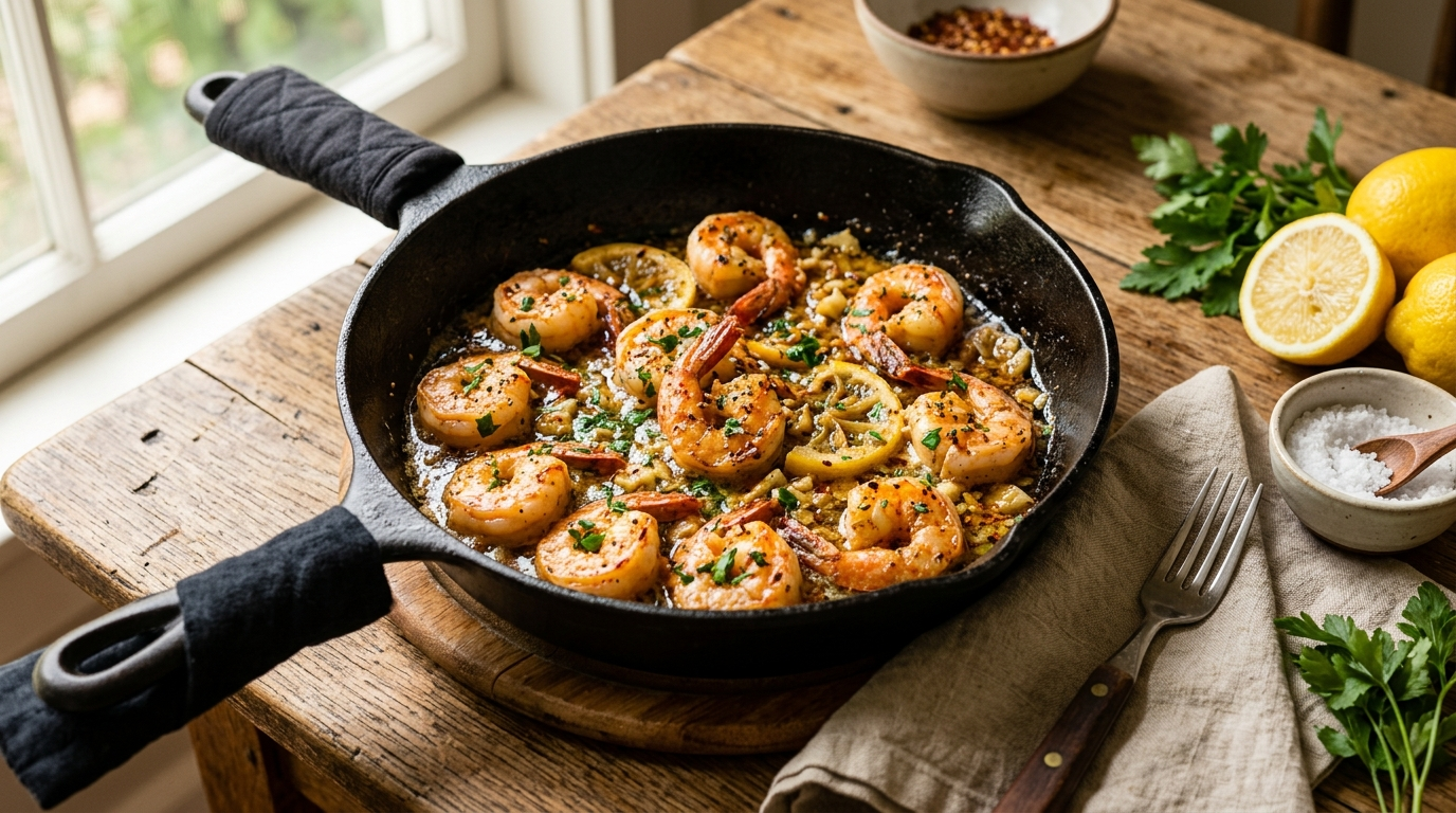 15 Minute Lemon Garlic Butter Shrimp the I Forgot to Thaw Dinner Miracle in a skillet on a rustic wooden table, natural daylight