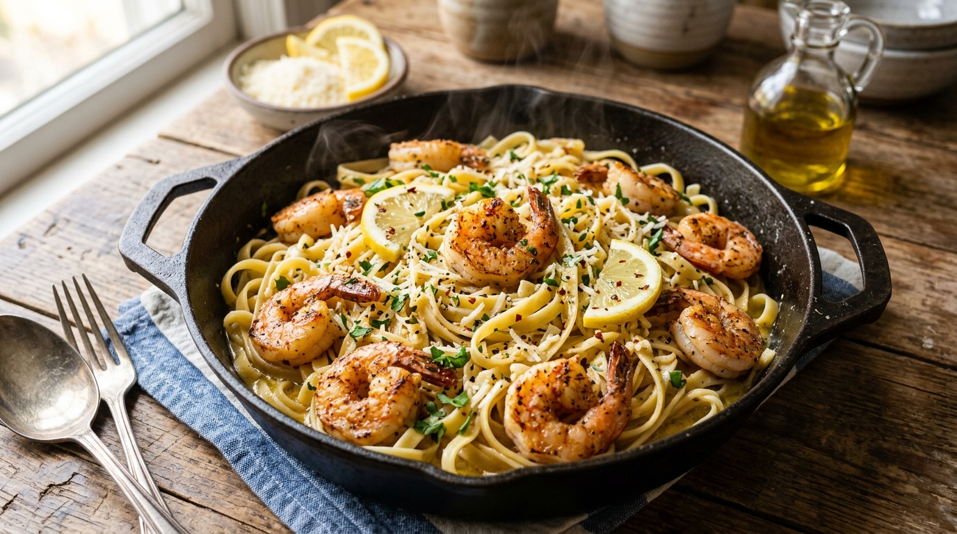 Lemon garlic shrimp pasta with juicy shrimp and tender pasta in a bright lemon garlic butter sauce in a cast iron skillet