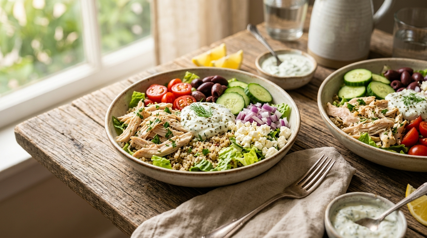 15 Minute No Cook Greek Chicken Power Bowls the Ultimate Heat Wave Lifeline in a skillet on a rustic wooden table, natural daylight