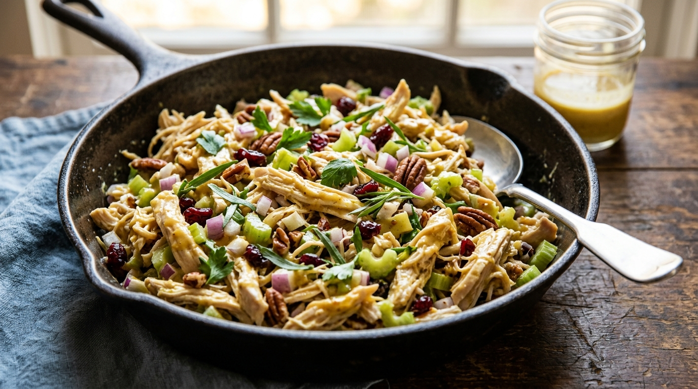 15 Minute No Prep Honey Mustard Chicken Salad the Fresh Fast Lifeline in a skillet on a rustic wooden table, natural daylight