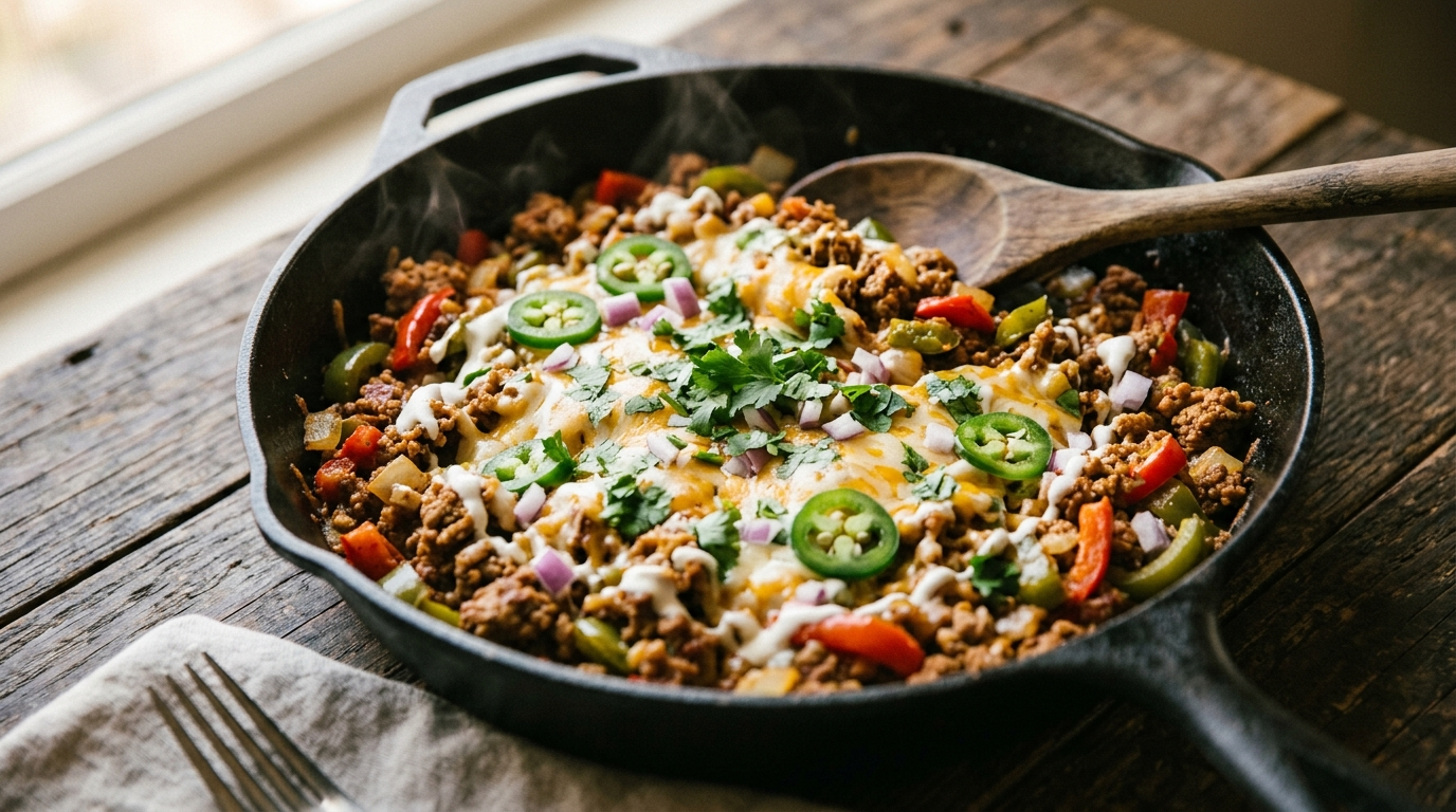 15 Minute One Pan Cheater Taco Skillet the Witching Hour Savior in a skillet on a rustic wooden table, natural daylight