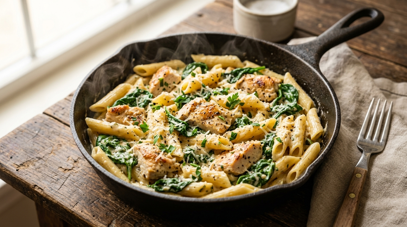 Overhead view of creamy one-pan chicken and spinach pasta in a white ceramic