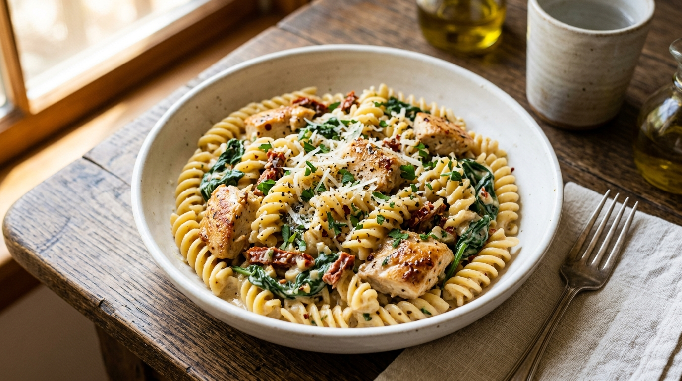 Overhead shot of creamy garlic butter chicken and orzo in a white cast iron