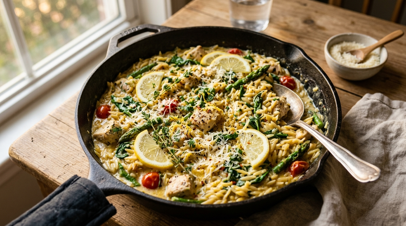 15 Minute One Pan Creamy Lemon Orzo the Emergency Dinner Tired Moms Actually Need in a skillet on a rustic wooden table, natural daylight