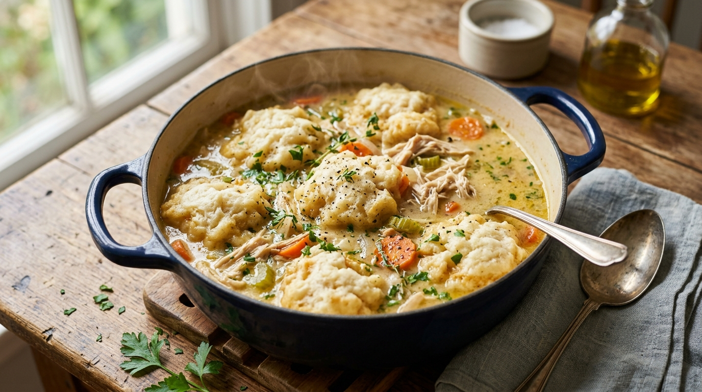 15 Minute One Pot Chicken and Dumplings the Grandma Hug Dinner for Moms Who Miss Being Taken Care O in a skillet on a rustic wooden table, natural daylight