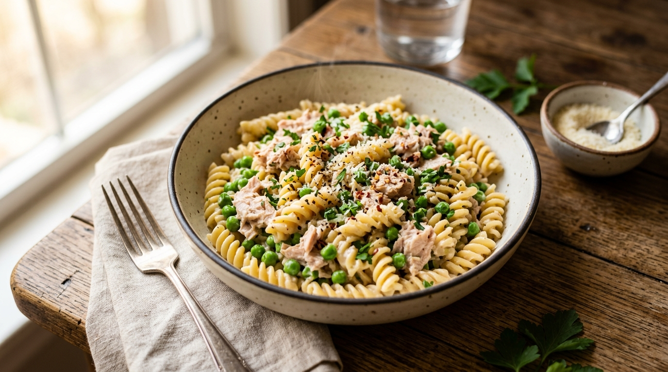 15 Minute One Pot Creamy Tuna Pea Pasta the Pantry Hero Dinner for Moms Running on Empty in a skillet on a rustic wooden table, natural daylight