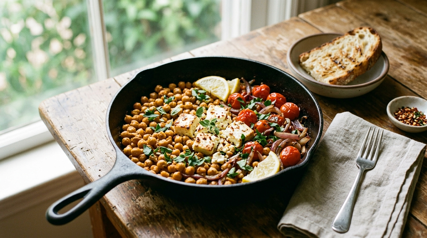 15 Minute Pantry Anchor Crispy Chickpea Feta Skillet the Mediterranean Reset in a skillet on a rustic wooden table, natural daylight