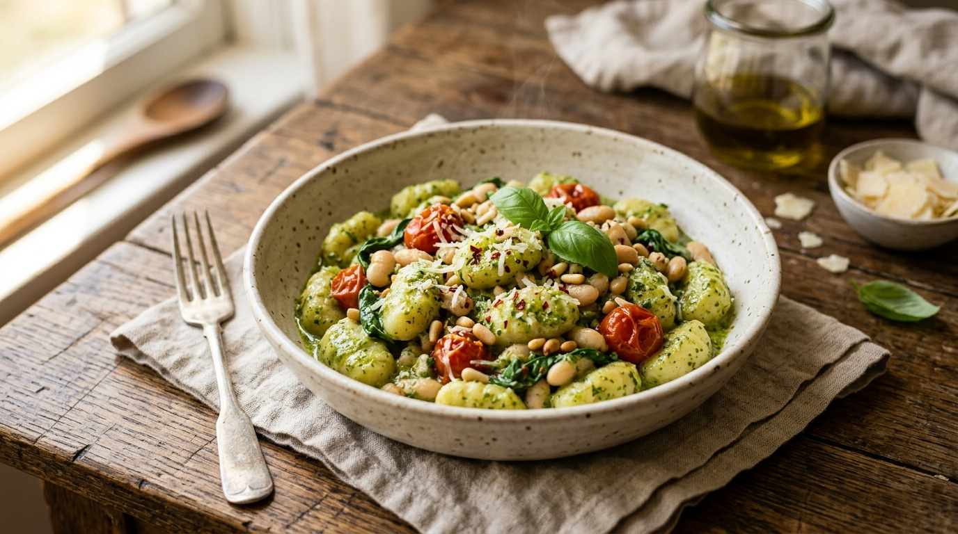 15 Minute Pantry Hero White Bean Pesto Gnocchi the Ultimate Comfort Lifeline in a skillet on a rustic wooden table, natural daylight