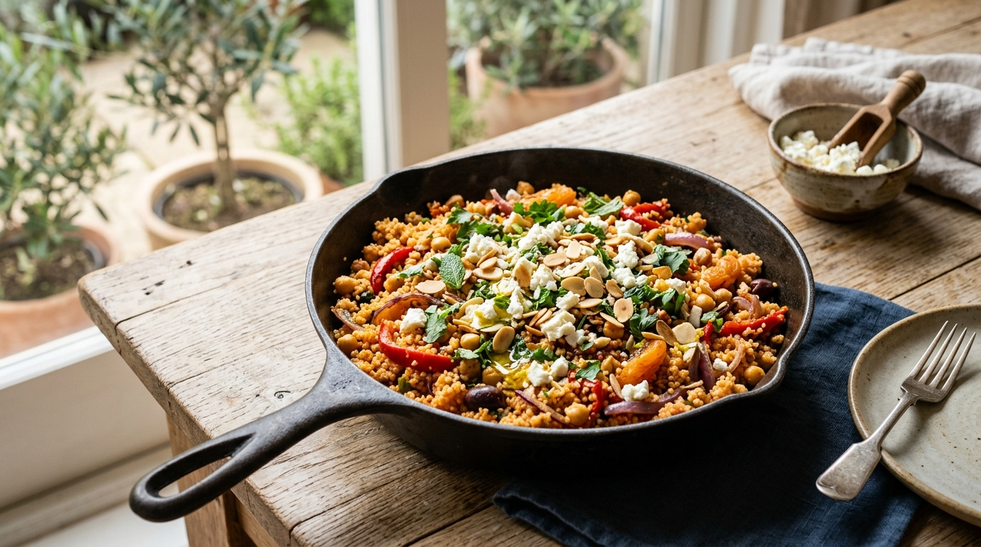 15 Minute Pantry Power Harissa Couscous the Mediterranean Sanctuary in a skillet on a rustic wooden table, natural daylight