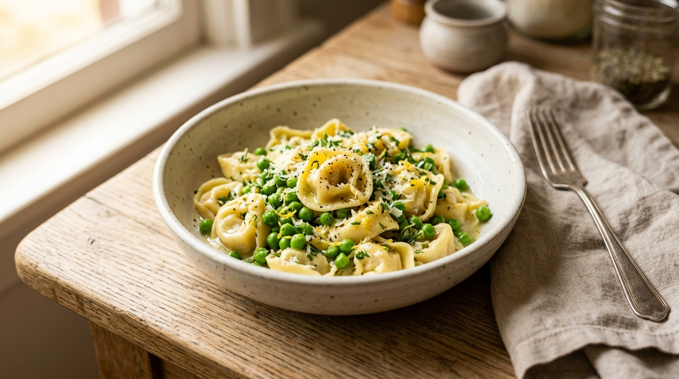 15 Minute Pantry Power Lemon Pea Tortellini the Springtime Sanity Saver in a skillet on a rustic wooden table, natural daylight