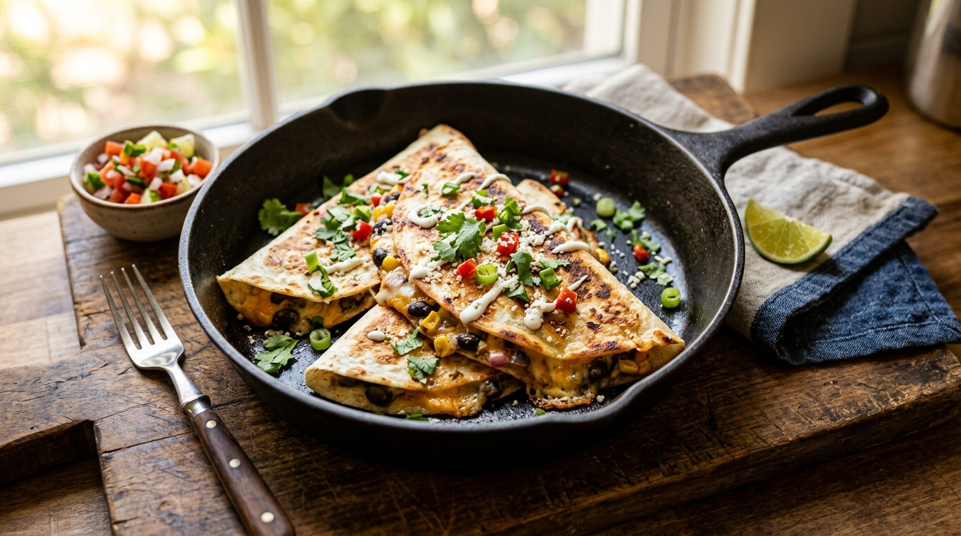 15 Minute Pantry Pull Black Bean Quesadillas the End of the Week Hero in a skillet on a rustic wooden table, natural daylight