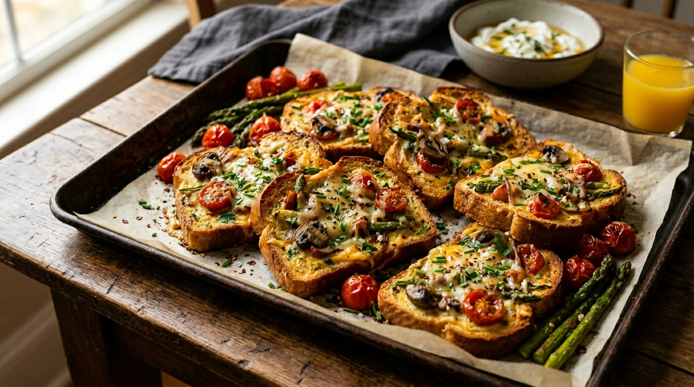 15 Minute Savory Sheet Pan French Toast the Ultimate Breakfast for Dinner Hack in a skillet on a rustic wooden table, natural daylight
