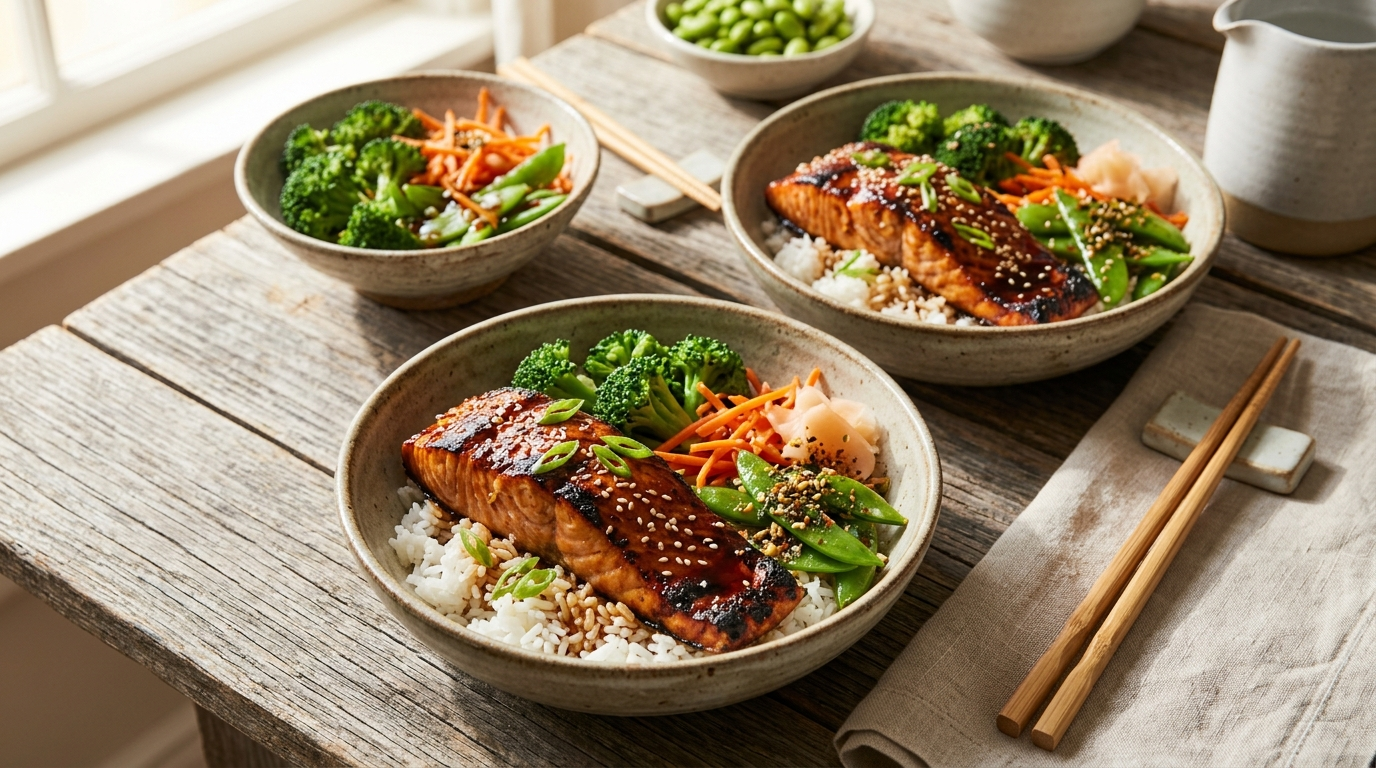 Teriyaki salmon bowls with flaky salmon in teriyaki glaze over rice with vegetables