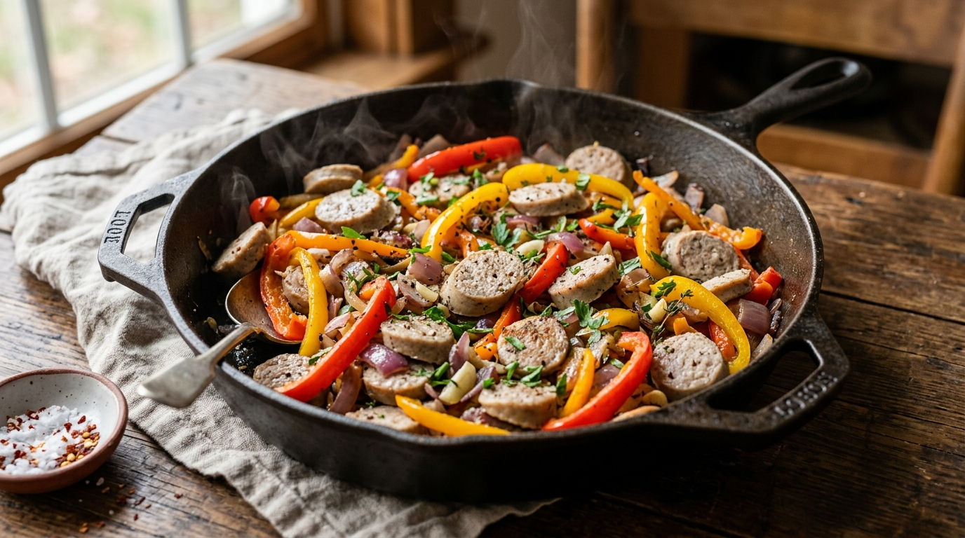 Turkey sausage and pepper skillet with sliced turkey sausage, bell peppers, and onions in a cast iron pan, steam rising, warm natural light