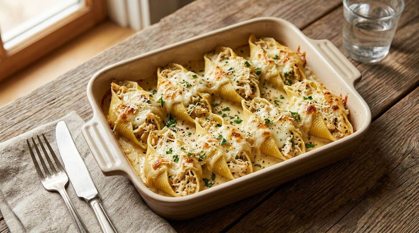 Chicken Alfredo stuffed shells with jumbo pasta shells filled with chicken in creamy alfredo sauce, topped with parmesan cheese, warm natural light