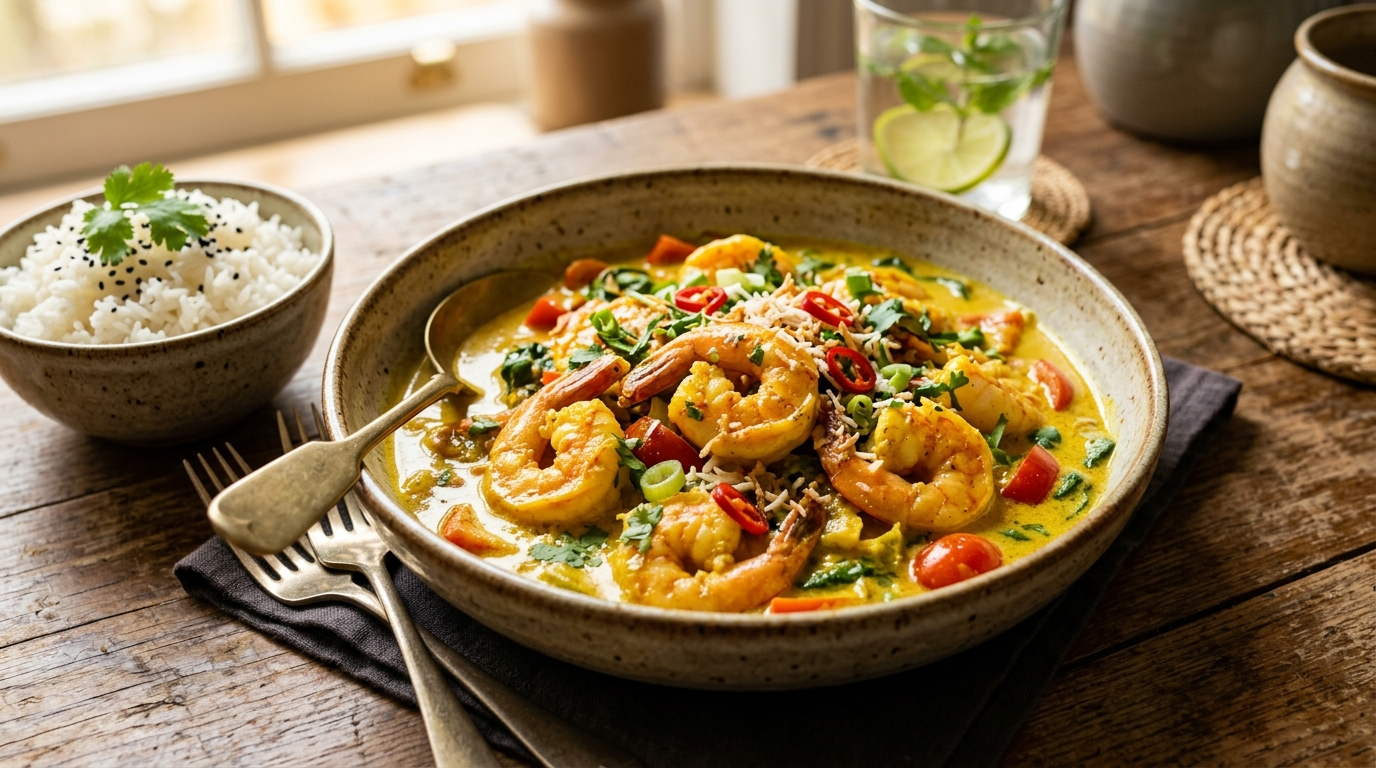 Coconut curry shrimp with plump shrimp in a rich coconut curry sauce with vegetables