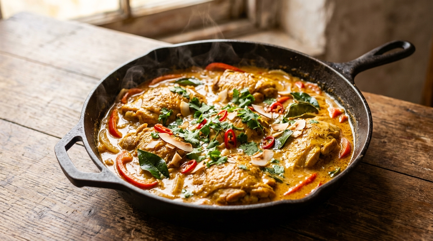 Creamy coconut curry chicken with tender chicken in a rich coconut curry sauce, warm natural light
