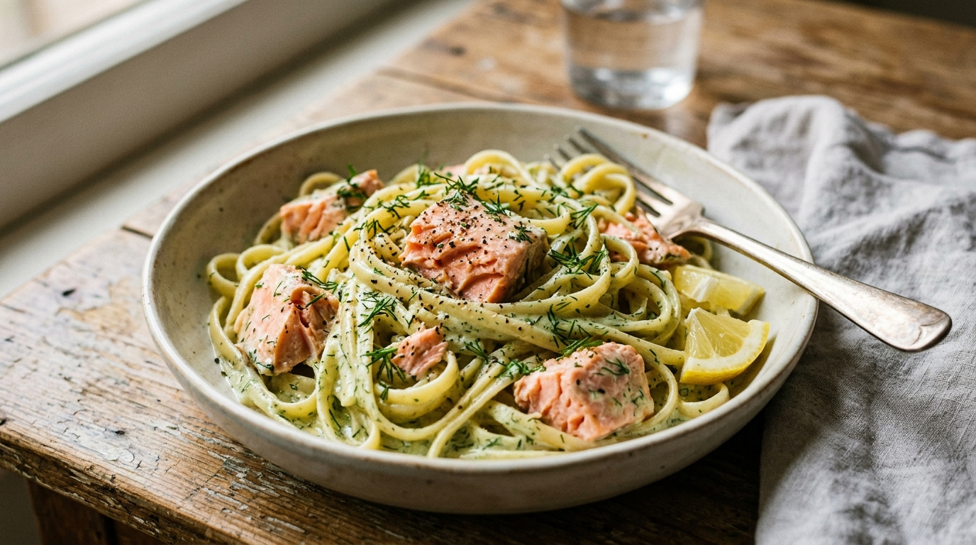 Creamy dill salmon pasta with flaky salmon and fresh pasta in a creamy dill sauce, warm natural light