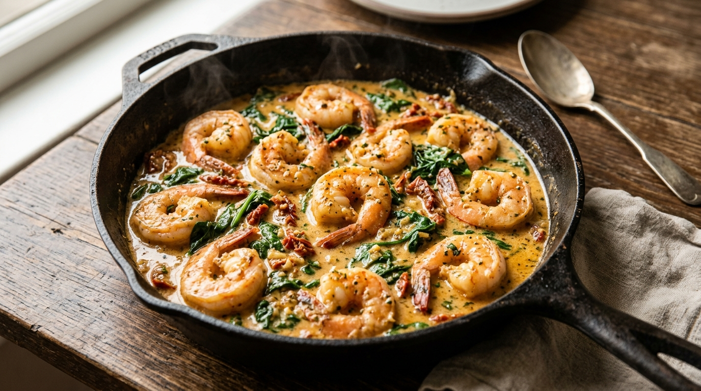 Creamy garlic Tuscan shrimp with juicy shrimp in a sun-dried tomato cream sauce with spinach in a cast iron skillet, restaurant-quality presentation