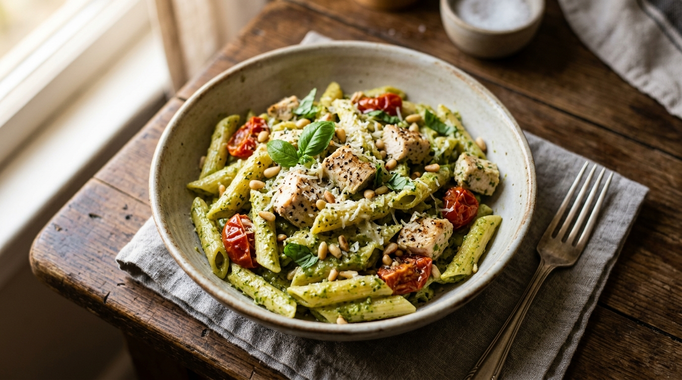 Creamy pesto chicken pasta with tender chicken in a green basil pesto cream sauce with penne pasta, warm natural light