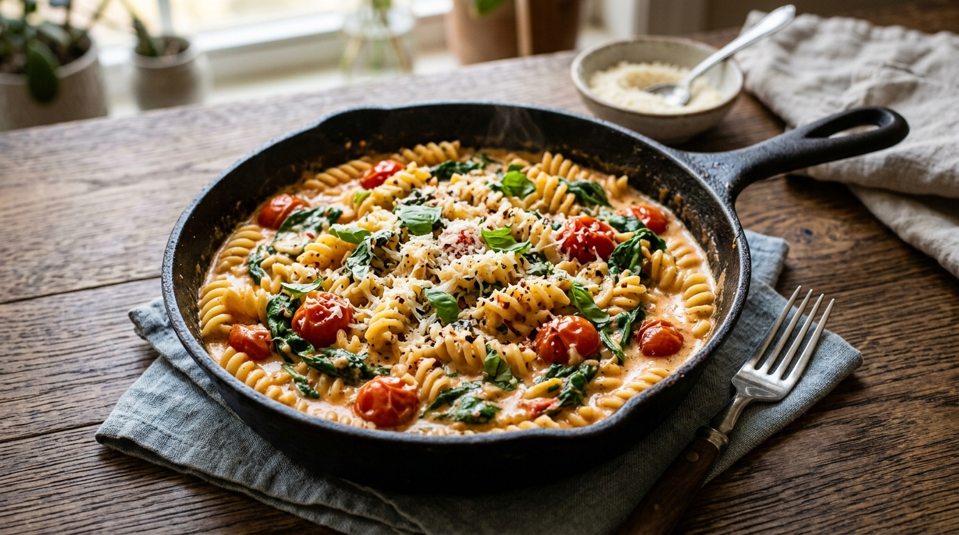 Creamy spinach tomato pasta with tender pasta in a rich creamy tomato sauce with wilted spinach in a cast iron skillet