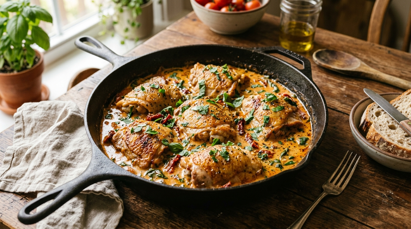 Creamy sun-dried tomato chicken with tender chicken in a rich sun-dried tomato cream sauce