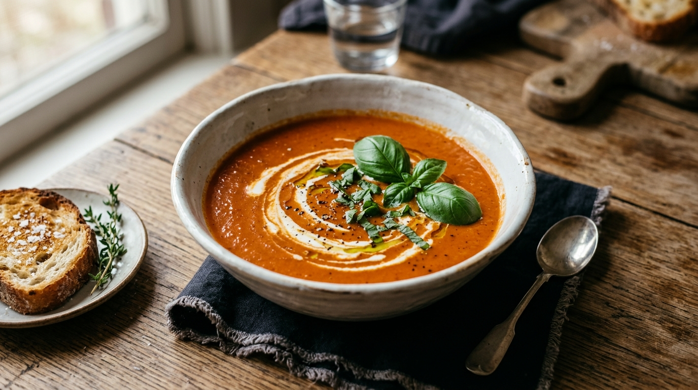Creamy tomato basil soup in a rustic white bowl with fresh basil and cream swirl, warm natural light