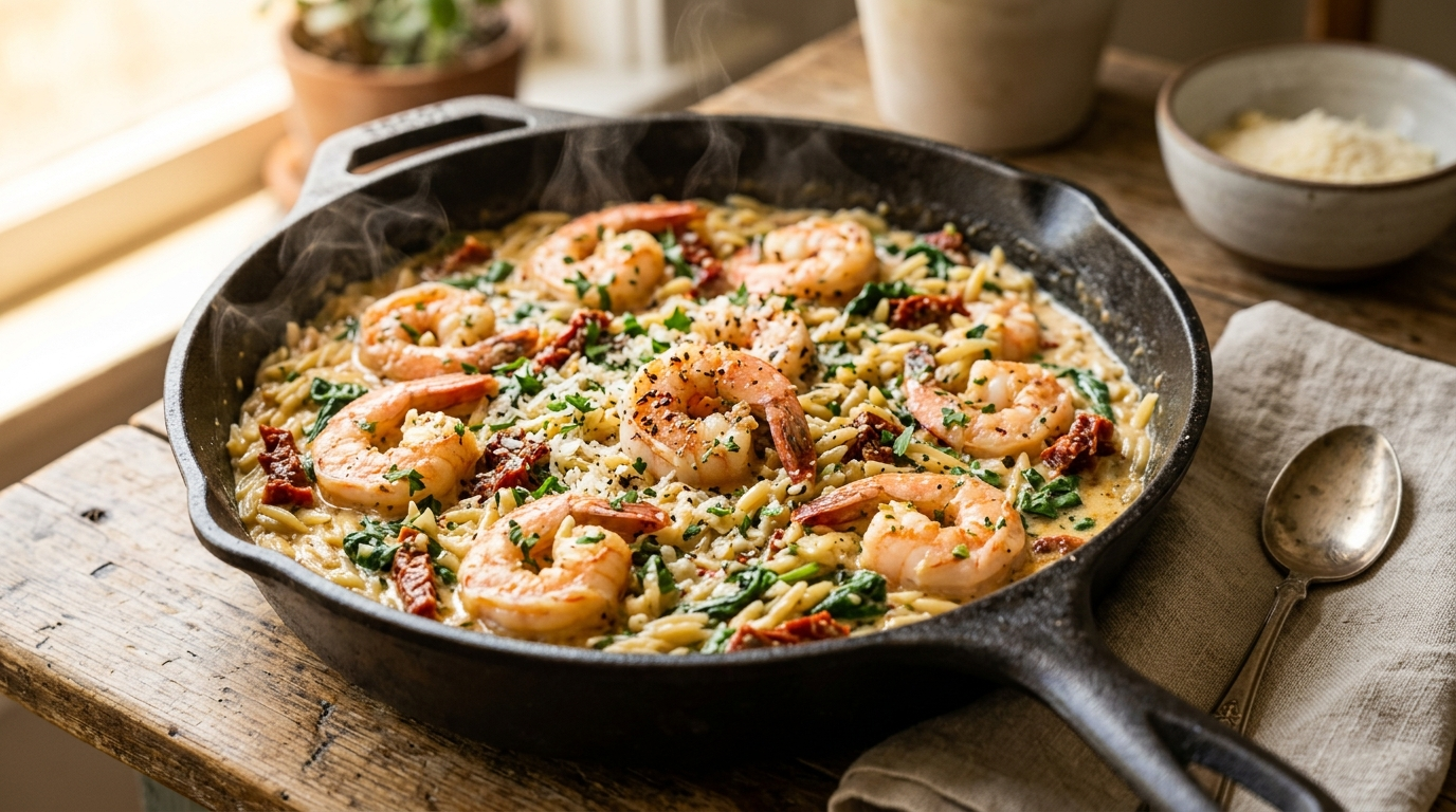 Creamy Tuscan shrimp and orzo with juicy shrimp, sun-dried tomatoes, and orzo in a cream sauce, warm natural light